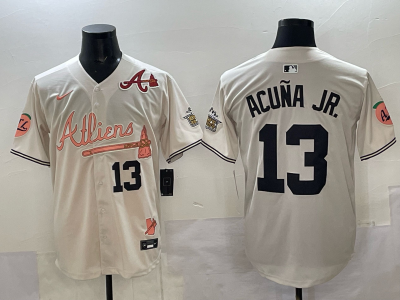 Men Atlanta Braves #13 Acuna jr cream Nike 2025 MLB Jersey 001